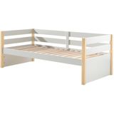 Kojen Bett Margrit mit Umrandung u. Rolllattenrost, Liegefläche 90 x 200, Ausf. Weiß lackiert, Bettpfosten Kiefer natur lackiert
