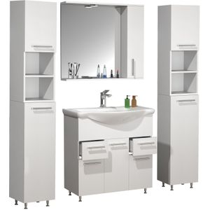 VCM 5-tlg. Waschplatz Waschtisch Badmöbel Set Waschbecken Schubladen Drehtüren Spiegelschrank Hochschrank Lisalo XL