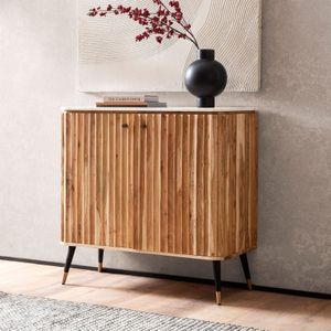 Massivholz Hausbar Akazie Natur 95cm mit echtem weißen Marmor Weinbar Barschrank mit 2 Türen