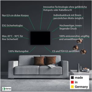 3Senso Infrarotheizung ST250 Standard "RAL9005 Tiefschwarz" -  250 Watt - 15 Jahre Garantie; Variante Feuchtraum IP54, Querformat (Horizontal)
