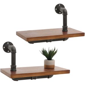 2er-Set Wandregal MCW-N29, Hängeregal Regal Bücherregal, 3D-Struktur Industrial Stahl Massiv-Holz 29x45x25cm ~ braun
