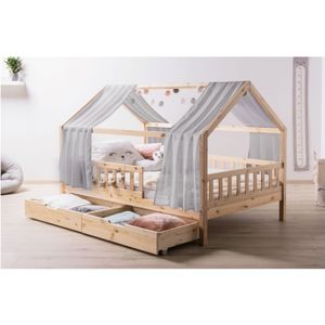 TiCAA TiCAA Kinderbett Hausbett mit Tüll Kim 90x200 cm, 100x200 cm, 120x200 cm, 140x200 cm  für Jungen & Mädchen, inkl. Rolllattenrost, Schubkasten und Rausfallschutz variabel, Montessori  Bett Natur aus Kiefer Massivholz