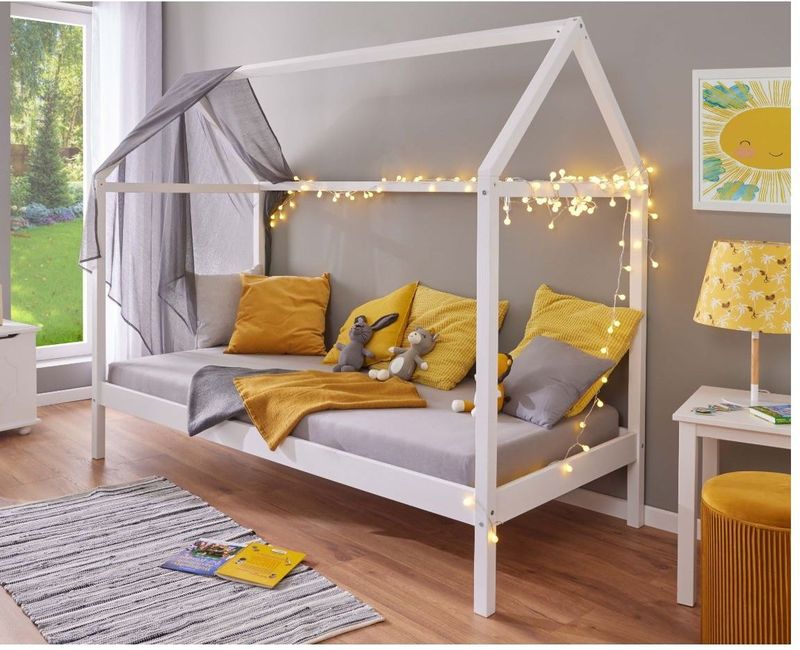 Inter Link Kinderbett Hausbett Sunroad 90x200 cm in Kiefer Massivholz - Weiss