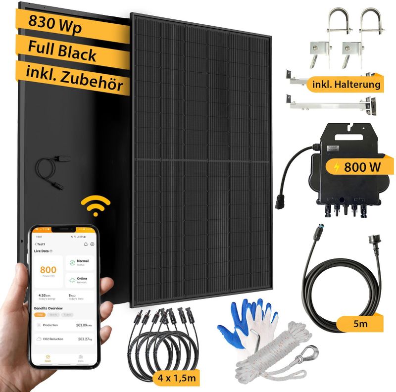 VALE All-In-One Balkonkraftwerk 830W/800W, Full Black inkl. Solarmodul-Balkonhalterung