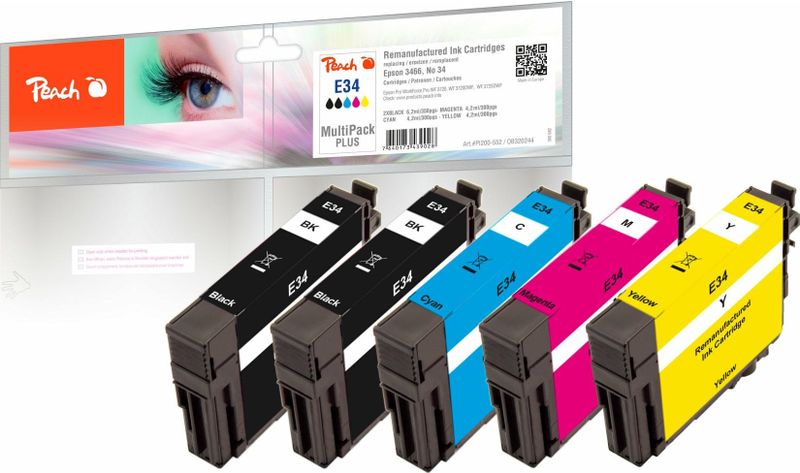Peach E34  5 Druckerpatronen (2*bk, c/m/y) ersetzt Epson No. 34, T3461*2, T3462, T3463, T3464 für z.B. Epson WorkForce Pro WF -3700 (wiederaufbereitet)
