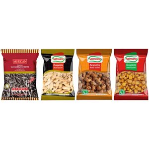 Snackmix - 3x Sonnenblumenkerne 150g  3x Kürbiskerne geröstet & gesalzen 160gr.  3x Erdnüsse mit Sesam 200gr.  3x Mais mit BBQ 120gr.