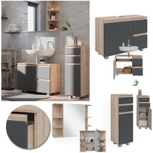 Vicco Badmöbelset J-shape Sonoma Anthrazit modern Badezimmer Schrank Badschrank Waschtischunterschrank Spiegelschrank Midischrank Schranktür Schrankschublade Schrankfach Ablage Aufbewahrung