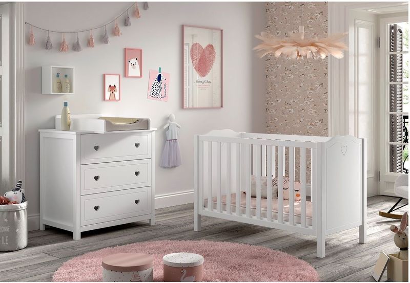 AMORI 3-tlg Set best. aus: Babybett 60x120 cm, Kommode m. 3 Schubladen, Wickelaufsatz, weiß lackiert