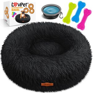 LOVPET® Hundebett Hundekissen Katzenbett Bagel, Waschbar, Inkl. Napf + 3x Kauknochen, Hundesofa flauschig Kissen Rund aus Plüsch für Kleine, Mittelgroße & Große Hunde, Katzen