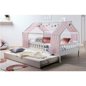 TiCAA TiCAA Kinderbett Hausbett mit Tüll Kim 90x200 cm, 100x200 cm, 120x200 cm, 140x200 für Jungen & Mädchen, inkl. Rolllattenrost, Zusatzbett und Rausfallschutz variabel, Montessori  Bett weiß aus Kiefer Massivholz