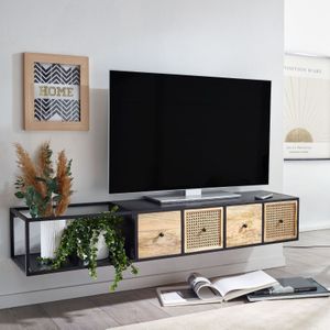 Massive TV-Board Kommode 150cm hängend Mango Massivholz Wiener Geflecht Rattan TV Lowboard