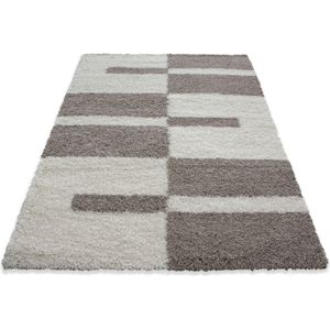 Designer Hochflor Teppich mit Karo- und Linienmuster, Flauschiger Langflor