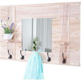 Wandgarderobe MCW-C89 mit Spiegel, Garderobenpaneel Garderobe, Shabby-Look Vintage, 5 Haken 90x60cm ~ naturbraun