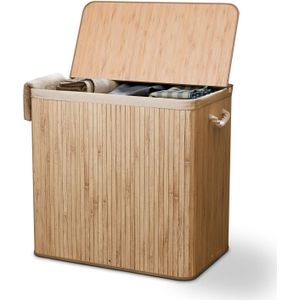 Juskys Bambus Wäschekorb Curly 150 Liter mit Deckel & Wäschesack  3 Fächer Wäschesammler  Natur