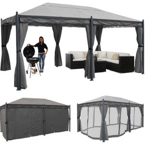 Pergola Calpe, Pavillon, stabiles 7cm-Gestell 5x3m ~ grau mit Seitenwand + Moskitonetz