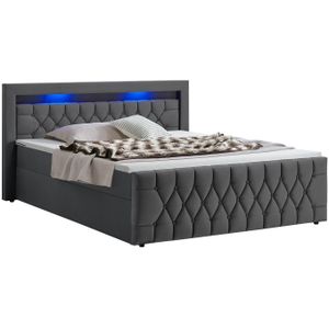 Juskys Boxspringbett Leona Samt 180x200 cm in Grau – mit LEDs, Topper & H4-Federkern-Matratzen