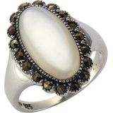 Zeeme Gemstones Ring Silber 925 oxydiert mit weißem Perlmutt und 18 Markasit-Steinen