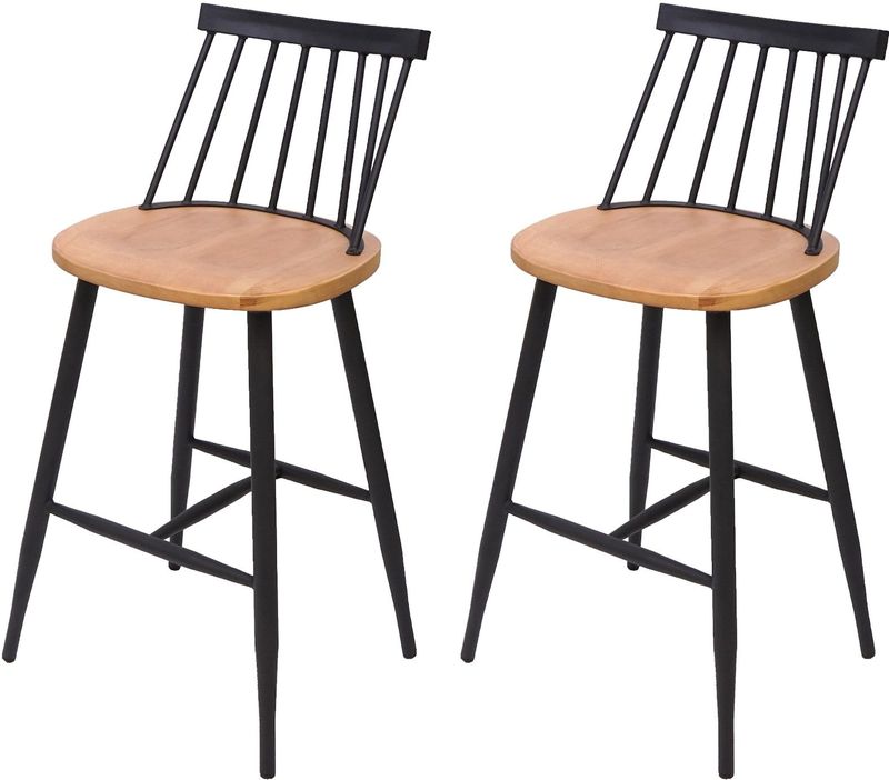 2er-Set Barhocker MCW-G69, Tresenhocker Barstuhl, Massivholz Retro Design Metall Fußablage Gastronomie ~ naturfarben