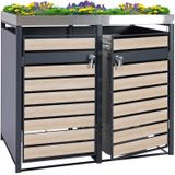 2er Mülltonnenverkleidung mit Pflanzkasten MCW-J81, erweiterbar, 125x132x80cm Metall 47kg, anthrazit ~ Buche-Holzoptik