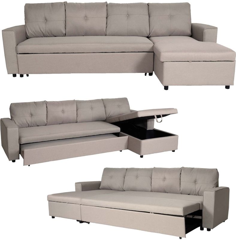 Ecksofa mit Bettkasten MCW-L16, Couch Sofa L-Form, Liegefläche links/rechts Nosagfederung Stoff/Textil 290cm ~ beige