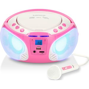 LENCO SCD-650PK - Draagbare FM Radio CD/MP3/USB speler microfoon en licht effecten - Roze