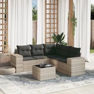 vidaXL 6-delige Loungeset met kussens poly rattan lichtgrijs