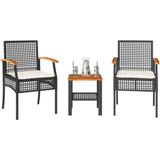 vidaXL 3-delige Bistroset met kussens poly rattan en acaciahout zwart