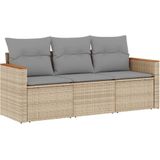 vidaXL 3-delige Loungeset met kussens poly rattan gemengd beige