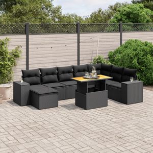 vidaXL 9-delige Loungeset met kussens poly rattan zwart