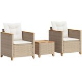 vidaXL 3-delige Bistroset met kussens poly rattan en acaciahout beige