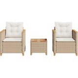 vidaXL 3-delige Bistroset met kussens poly rattan en acaciahout beige