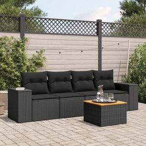 vidaXL 5-delige Loungeset met kussens poly rattan zwart