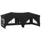 <p>Deze musthave inklapbare partytent is perfect voor een breed scala aan buitenevenementen, zoals familiebijeenkomsten, barbecues, picknicks, kampeertrips, verjaardagsfeestjes en meer!</p>
<p>Inklapbaar ontwerp: de tent is inklapbaar voor eenvoudige opslag en transport.</p>
<p>210D oxford stof: dit paviljoen is gemaakt van 210D oxford stof met zilverkleurige coating en is uv-bestendig en waterafstotend. De stof houdt schadelijke uv-stralen tegen en is bestand tegen vochtigheid en regenachtig weer.</p>
<p>Praktische zijwanden: deze gazebo heeft zijwanden om je te beschermen tegen vliegende insecten. De zijpanelen zijn voorzien van decoratieve ramen en het deurpaneel met ritssluiting is praktisch voor gemakkelijke toegang.</p>
<p>Stevig frame: het stalen frame biedt stevigheid en stabiliteit. Opmerking: dit product mag NOOIT gebruikt worden bij slechte weersomstandigheden, zoals sterke wind, zware regen, sneeuw of storm.</p>
<p>Bij elk product wordt een montagehandleiding in de doos geleverd, voor eenvoudige montage.</p>
<ul>
  <li>Kleur: zwart</li>
  <li>Materiaal dak: 210D oxford stof met zilverkleurige coating</li>
  <li>Materiaal zijwand: 210D oxford stof en PE (polyetheen)</li>
  <li>Materiaal frame: staal</li>
  <li>Totale afmetingen: 580 x 292 x 245 cm (L x B x H)</li>
</ul>