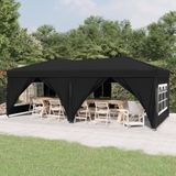 <p>Deze musthave inklapbare partytent is perfect voor een breed scala aan buitenevenementen, zoals familiebijeenkomsten, barbecues, picknicks, kampeertrips, verjaardagsfeestjes en meer!</p>
<p>Inklapbaar ontwerp: de tent is inklapbaar voor eenvoudige opslag en transport.</p>
<p>210D oxford stof: dit paviljoen is gemaakt van 210D oxford stof met zilverkleurige coating en is uv-bestendig en waterafstotend. De stof houdt schadelijke uv-stralen tegen en is bestand tegen vochtigheid en regenachtig weer.</p>
<p>Praktische zijwanden: deze gazebo heeft zijwanden om je te beschermen tegen vliegende insecten. De zijpanelen zijn voorzien van decoratieve ramen en het deurpaneel met ritssluiting is praktisch voor gemakkelijke toegang.</p>
<p>Stevig frame: het stalen frame biedt stevigheid en stabiliteit. Opmerking: dit product mag NOOIT gebruikt worden bij slechte weersomstandigheden, zoals sterke wind, zware regen, sneeuw of storm.</p>
<p>Bij elk product wordt een montagehandleiding in de doos geleverd, voor eenvoudige montage.</p>
<ul>
  <li>Kleur: zwart</li>
  <li>Materiaal dak: 210D oxford stof met zilverkleurige coating</li>
  <li>Materiaal zijwand: 210D oxford stof en PE (polyetheen)</li>
  <li>Materiaal frame: staal</li>
  <li>Totale afmetingen: 580 x 292 x 245 cm (L x B x H)</li>
</ul>