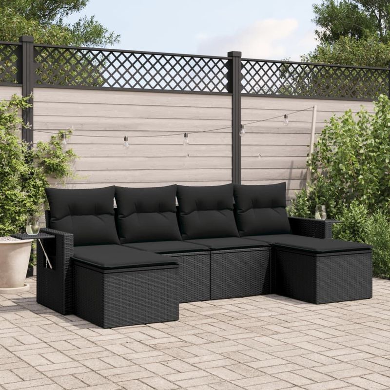 vidaXL - 6-delige - Loungeset - met - kussens - poly - rattan - zwart