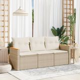 vidaXL 3-delige Loungeset met kussens poly rattan beige