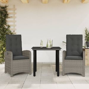 vidaXL 3-delige Tuinset met kussens poly rattan grijs