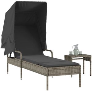 vidaXL Ligbed met luifel en tafel poly rattan grijs