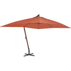 <p>Deze elegante hangende houten parasol is perfect om schaduw te creëren en jezelf te beschermen tegen schadelijke UV-straling. Het parasoldoek is gemaakt van UV-beschermend en anti-vervagend polyester, waardoor het je optimaal beschermt tegen de zon en gemakkelijk schoon te maken is.</p>
<p>De parasol wordt geleverd met een stevige kruisvoet voor extra stabiliteit. De sterke houten paal en de 8 duurzame baleinen zorgen ervoor dat de parasol zeer stabiel en duurzaam is.</p>
<p>Met het zwengelmechanisme kan de tuinparasol eenvoudig geopend en gesloten worden. Het product is ook eenvoudig te monteren.</p>
<p>Let op: wij adviseren om het doek te behandelen met een waterdichtmakende spray als het wordt blootgesteld aan zware regenval.</p>
<ul>
  <li>Kleur doek: terracotta</li>
  <li>Materiaal frame: gelamineerd bamboe en vurenhout</li>
  <li>Materiaal hoes: stof</li>
  <li>Totale afmetingen: 400 x 300 x 285 cm (L x B x H)</li>
  <li>Afmetingen kruisvoet: 100 x 100 cm (L x B)</li>
  <li>Met luchtventilatie en zwengelsysteem</li>
  <li>Met 8 baleinen</li>
</ul>