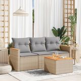 vidaXL 4-delige Loungeset met kussens poly rattan beige