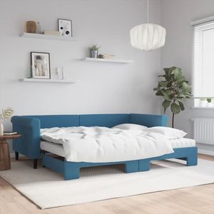 vidaXL Slaapbank onderschuifbed en matrassen 90x200 cm fluweel blauw