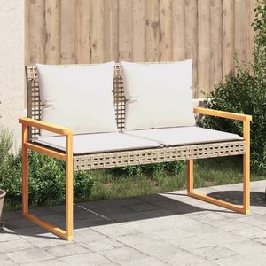 vidaXL Tuinbankje met kussen poly rattan en acaciahout gemengd beige