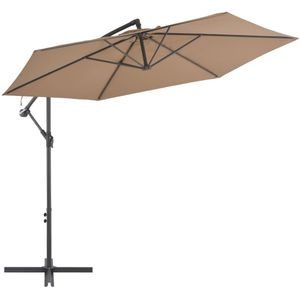 <p>Deze elegante hangende parasol is de perfecte keuze om wat schaduw te creëren en jezelf te beschermen tegen de schadelijke uv-straling van de zon. Het parasoldoek is gemaakt van UV-beschermend en anti-vervagend polyester, waardoor het je optimale bescherming tegen de zon biedt en gemakkelijk schoon te maken is.</p>
<p>De parasol beschikt over een stevige kruisvoet die bijdraagt aan de stabiliteit. Het exclusieve ontwerp van deze parasol stelt je in staat om de parasol te kantelen om zo de zon te blokkeren terwijl deze langzaam richting de horizon beweegt. De sterke metalen paal en de 6 duurzame baleinen maken de parasol zeer stabiel en duurzaam.</p>
<p>Onze tuinparasol kan eenvoudig geopend en gesloten worden dankzij het zwengelmechanisme. Het product is eenvoudig te monteren. Let op, wij adviseren om het doek te behandelen met een waterdichtmakende spray als hij wordt blootgesteld aan zware regenval.</p>
<ul>
  <li>Kleur doek: taupe</li>
  <li>Materiaal: stof en metalen paal</li>
  <li>Totale afmetingen: 300 x 244 cm (ø x H)</li>
  <li>Afmetingen kruisvoet: 100 x 100 cm (L x B)</li>
  <li>Met luchtventilatie en zwengelmechanisme</li>
  <li>Met 6 stalen baleinen</li>
  <li>Materiaal: Polyester: 100%</li>
</ul>