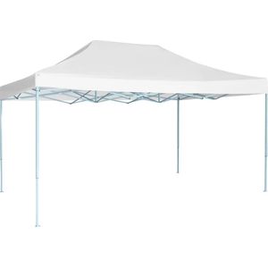 <p>Deze inklapbare tent is ideaal voor verschillende buitenactiviteiten, zoals optredens, bruiloften, feesten, BBQ's, festivals en meer. Je kunt hem ook gebruiken als groot zonnescherm voor je familie en vrienden in de achtertuin.</p>
<p>Deze pop-up partytent is gemaakt van zwaar, gepoedercoat staal, waardoor hij extreem duurzaam is. De dakbedekking is gemaakt van Oxford-stof met een PVC-coating en is 100% waterdicht en uv-bestendig.</p>
<p>De partytent is inklapbaar voor eenvoudig opbergen en vervoeren. Installatieaccessoires, zoals bevestigingstouwen en grondpinnen, zijn bij de levering inbegrepen. Het tuinpaviljoen is eenvoudig te monteren.</p>
<p>LET OP: dit product mag NOOIT worden gebruikt in slechte weersomstandigheden, zoals sterke wind, zware regen, sneeuw of storm.</p>
<ul>
  <li>Kleur: wit</li>
  <li>Materiaal dak: 600D Oxford stof met PVC-coating (waterbestendig)</li>
  <li>Materiaal frame: gepoedercoat staal</li>
  <li>Afmetingen: 291 x 431 x 315 cm (L x B x H)</li>
  <li>Hoogte dakrand vanaf de grond: 2,35 m</li>
  <li>Uv- en waterbestendig</li>
  <li>Inclusief 8 haringen en 4 touwen</li>
  <li>Materiaal: Polyester: 100%</li>
</ul>