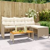 vidaXL Tuinbank met tafel en kussens L-vormig poly rattan beige