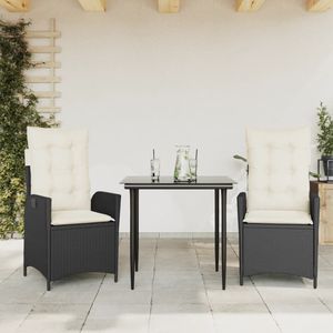 vidaXL 3-delige Tuinset met kussens poly rattan zwart
