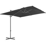 <p>Deze elegante hangende parasol is de perfecte keuze om wat schaduw te creëren en jezelf te beschermen tegen de schadelijke uv-straling van de zon. Het parasoldoek is gemaakt van UV-beschermend en anti-vervagend polyester, waardoor het je optimale bescherming tegen de zon biedt en gemakkelijk schoon te maken is.</p>
<p>De parasol beschikt over een stevige kruisvoet die bijdraagt aan de stabiliteit. Het exclusieve ontwerp van deze parasol stelt je in staat om de parasol te kantelen en 360 graden te draaien om zo de zon te kunnen blokkeren. De sterke stalen paal, samen met de 8 duurzame baleinen, maakt de parasol zeer stabiel en duurzaam.</p>
<p>Onze tuinparasol kan eenvoudig geopend en gesloten worden dankzij het zwengelmechanisme. Het product is eenvoudig te monteren. Let op, wij adviseren om het doek te behandelen met een waterdichtmakende spray als hij wordt blootgesteld aan zware regenval.</p>
<ul>
  <li>Kleur doek: antraciet</li>
  <li>Materiaal: stof en gepoedercoat staal</li>
  <li>Totale afmetingen: 250 x 250 x 247 cm (L x B x H)</li>
  <li>Afmetingen kruisvoet: 100 x 100 cm (L x B)</li>
  <li>Met luchtventilatie en zwengelsysteem</li>
  <li>Kantelbaar en 360 graden draaibaar</li>
  <li>Inclusief 8 stalen baleinen</li>
  <li>Materiaal: Polyester: 100%</li>
</ul>