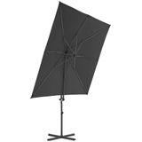 <p>Deze elegante hangende parasol is de perfecte keuze om wat schaduw te creëren en jezelf te beschermen tegen de schadelijke uv-straling van de zon. Het parasoldoek is gemaakt van UV-beschermend en anti-vervagend polyester, waardoor het je optimale bescherming tegen de zon biedt en gemakkelijk schoon te maken is.</p>
<p>De parasol beschikt over een stevige kruisvoet die bijdraagt aan de stabiliteit. Het exclusieve ontwerp van deze parasol stelt je in staat om de parasol te kantelen en 360 graden te draaien om zo de zon te kunnen blokkeren. De sterke stalen paal, samen met de 8 duurzame baleinen, maakt de parasol zeer stabiel en duurzaam.</p>
<p>Onze tuinparasol kan eenvoudig geopend en gesloten worden dankzij het zwengelmechanisme. Het product is eenvoudig te monteren. Let op, wij adviseren om het doek te behandelen met een waterdichtmakende spray als hij wordt blootgesteld aan zware regenval.</p>
<ul>
  <li>Kleur doek: antraciet</li>
  <li>Materiaal: stof en gepoedercoat staal</li>
  <li>Totale afmetingen: 250 x 250 x 247 cm (L x B x H)</li>
  <li>Afmetingen kruisvoet: 100 x 100 cm (L x B)</li>
  <li>Met luchtventilatie en zwengelsysteem</li>
  <li>Kantelbaar en 360 graden draaibaar</li>
  <li>Inclusief 8 stalen baleinen</li>
  <li>Materiaal: Polyester: 100%</li>
</ul>