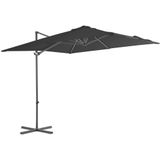 <p>Deze elegante hangende parasol is de perfecte keuze om wat schaduw te creëren en jezelf te beschermen tegen de schadelijke uv-straling van de zon. Het parasoldoek is gemaakt van UV-beschermend en anti-vervagend polyester, waardoor het je optimale bescherming tegen de zon biedt en gemakkelijk schoon te maken is.</p>
<p>De parasol beschikt over een stevige kruisvoet die bijdraagt aan de stabiliteit. Het exclusieve ontwerp van deze parasol stelt je in staat om de parasol te kantelen en 360 graden te draaien om zo de zon te kunnen blokkeren. De sterke stalen paal, samen met de 8 duurzame baleinen, maakt de parasol zeer stabiel en duurzaam.</p>
<p>Onze tuinparasol kan eenvoudig geopend en gesloten worden dankzij het zwengelmechanisme. Het product is eenvoudig te monteren. Let op, wij adviseren om het doek te behandelen met een waterdichtmakende spray als hij wordt blootgesteld aan zware regenval.</p>
<ul>
  <li>Kleur doek: antraciet</li>
  <li>Materiaal: stof en gepoedercoat staal</li>
  <li>Totale afmetingen: 250 x 250 x 247 cm (L x B x H)</li>
  <li>Afmetingen kruisvoet: 100 x 100 cm (L x B)</li>
  <li>Met luchtventilatie en zwengelsysteem</li>
  <li>Kantelbaar en 360 graden draaibaar</li>
  <li>Inclusief 8 stalen baleinen</li>
  <li>Materiaal: Polyester: 100%</li>
</ul>