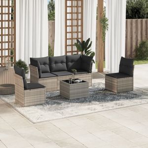 vidaXL 6-delige Loungeset met kussens poly rattan lichtgrijs